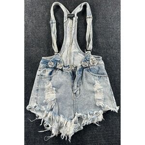 Evenuel Shortalls Women Small Blue Denim Cotton Frayed Hem Distressed Wide Strap